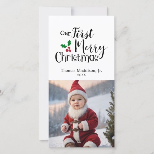 Baby Foto Onze eerste Vrolijke Kerstgroet Feestdagenkaart (Voorkant)