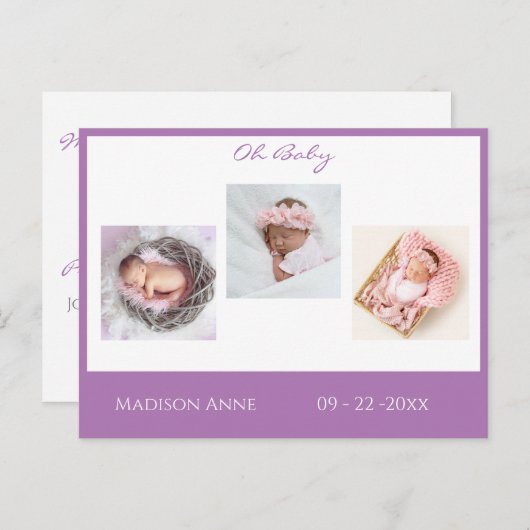 Baby Foto Paars Girl Script Stats Birth Aankondigingskaart (Voorkant / Achterkant)