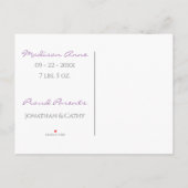 Baby Foto Paars Girl Script Stats Birth Aankondigingskaart (Achterkant)