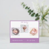 Baby Foto Paars Girl Script Stats Birth Aankondigingskaart (Staand voorkant)