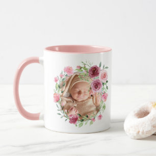 Baby Foto Roze Bloemen Waterverf Naam Floral Mok