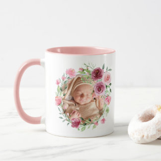 Baby Foto Roze Bloemen Waterverf Naam Floral Mok