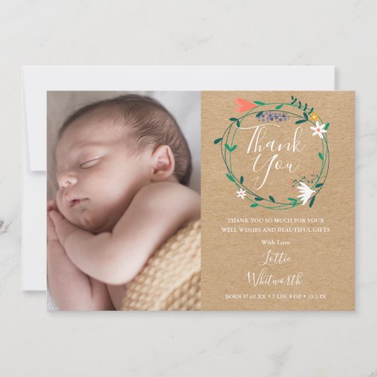 Baby Foto Rustiek Boho Floral Dank u geboorte Aankondiging (Voorkant)