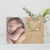Baby Foto Rustiek Boho Floral Dank u geboorte Aankondiging (Staand voorkant)