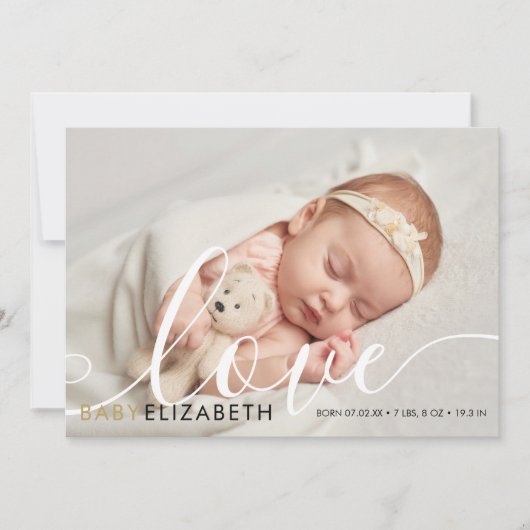 Baby Foto Schattig Script Goud Liefde Hartjes Gebo Aankondiging (Voorkant)