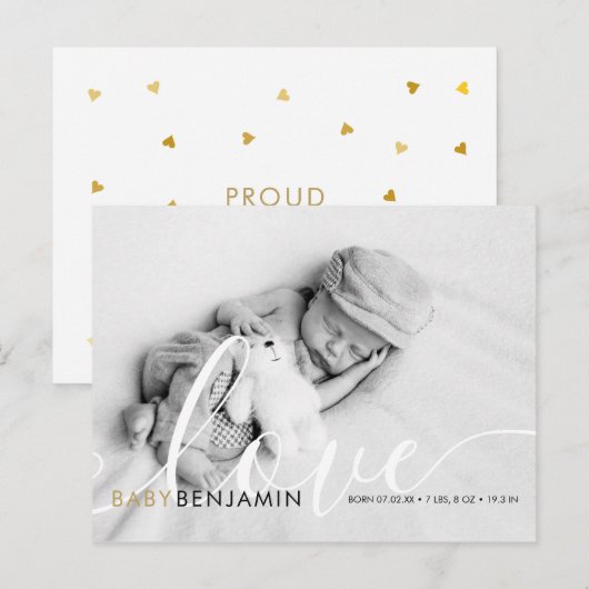 Baby Foto Script Liefde Chic Modern Geboorte Aankondigingskaart (Voorkant / Achterkant)