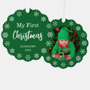 Baby Foto Sneeuwvlokken 1e Kerstmis Bos Groen Ornament Kaart