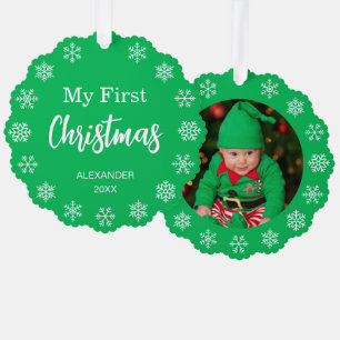 Baby Foto Sneeuwvlokken Groen Mijn Eerste Kerstmis Ornament Kaart