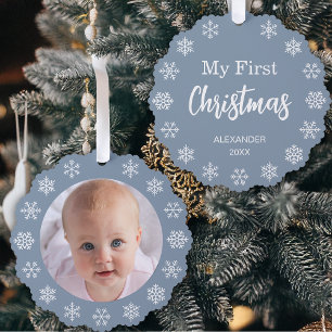 Baby Foto Stofblauw Eerste Kerst Sneeuwvlokken Ornament Kaart