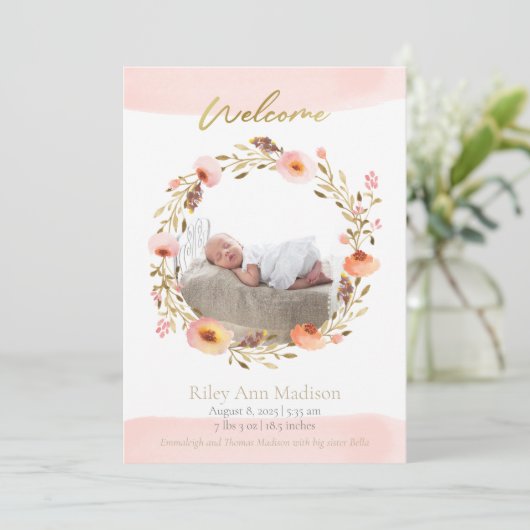 Baby Foto Trendy Floral Modern Birth Aankondiging (Staand voorkant)