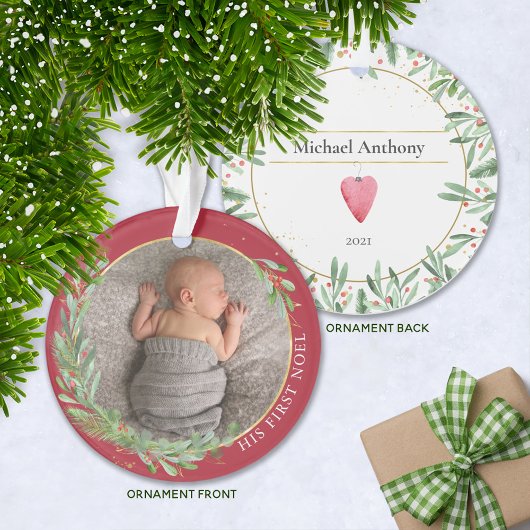 Baby Foto van Burgundy First Noel KerstGreenery Ornament