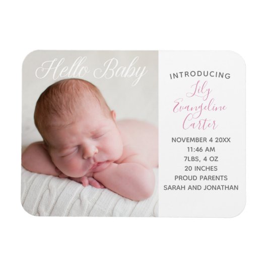 Baby Foto van Chic Pink Birth Announding Magnet Magneet (Horizontaal)