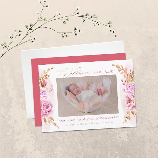 Baby Foto van Elegant Roos Floral Birth Aankondiging