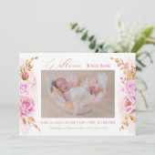 Baby Foto van Elegant Roos Floral Birth Aankondiging (Staand voorkant)