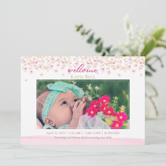 Baby Foto van Floral Blossom Birth Aankondiging (Staand voorkant)