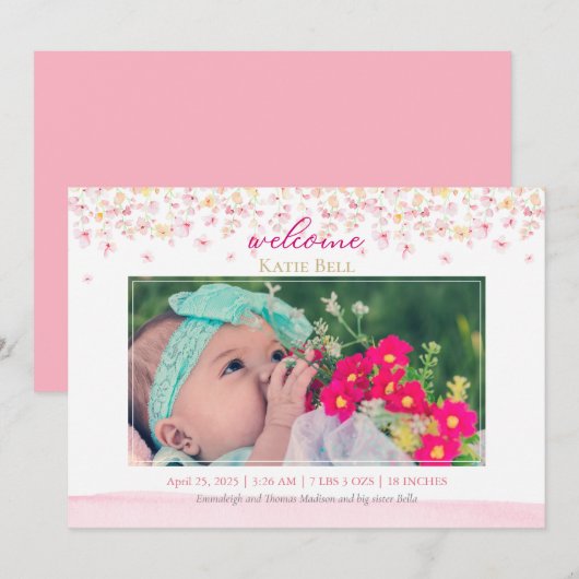 Baby Foto van Floral Blossom Birth Aankondiging (Voorkant / Achterkant)