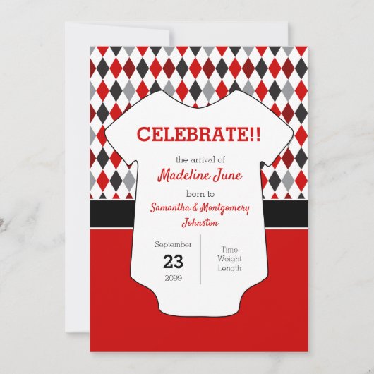 Baby Foto van Red and Black Argyle Pattern Aankondiging (Voorkant)