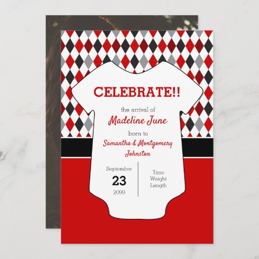 Baby Foto van Red and Black Argyle Pattern Aankondiging (Voorkant / Achterkant)