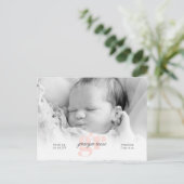Baby foto voor script en roze monogram briefkaart (Staand voorkant)