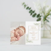 Baby Foto Waterverf Greenery Dank je geboorte Aankondigingskaart (Staand voorkant)