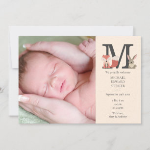 Baby Foto Woodland Animals Monogram Birth Aankondiging