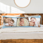 Baby Foto ZigZag Afbeelding Montage Aangepast Lichaamskussen<br><div class="desc">Creëer uw eigen unieke lichaamskussen met 3 van uw favoriete baby. Het fotomalplaatje wordt opstelling om het fotocollage in een subtiele zigzag montage te creëer. Uw foto's worden getoond in landschapformaat en met een smalle grijze grens in bedwang gehouden. U kunt de naam van de baby en de geboortedatum (of...</div>