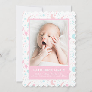 BABY FOTOAANKONDIGING Pastel Mon en sterren Feestdagenkaart