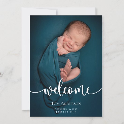 Baby Fotocollage Elegante Naam Script Geboorte Aankondiging (Voorkant)