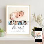 Baby Fotocollage Zigzag Afbeelding Strip Aangepast Poster<br><div class="desc">Baby fotocollage poster met gepersonaliseerde tekst en zigzag afbeelding strip. De sjabloon is klaar om vijf foto's toe te voegen - de hoofdfoto wordt als achtergrond gebruikt en de overige vier foto's worden in een zigzag-afbeelding langs de onderkant geplaatst. Dit ontwerp heeft een witte achtergrond, fijne grijze fotokaders en elegante...</div>