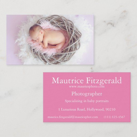 Baby fotograaf roze met wit schrift visitekaartje (Voorkant / Achterkant)