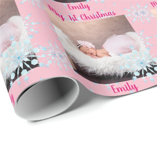Baby FOTOKado Verpakking - 1e Kerst Roze Meisje Cadeaupapier (Rol Hoek)