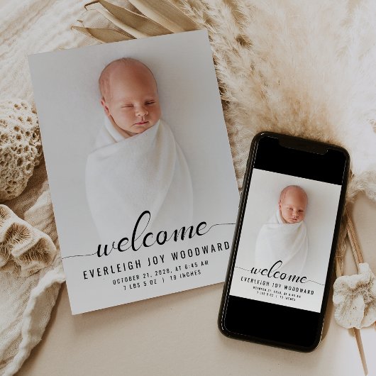 Baby Fotokalligrafie Zwart-wit Geboorte Aankondiging