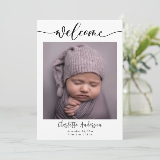 Baby Foto's Elegante Naam Script Geboorteaankondig Aankondiging (Staand voorkant)