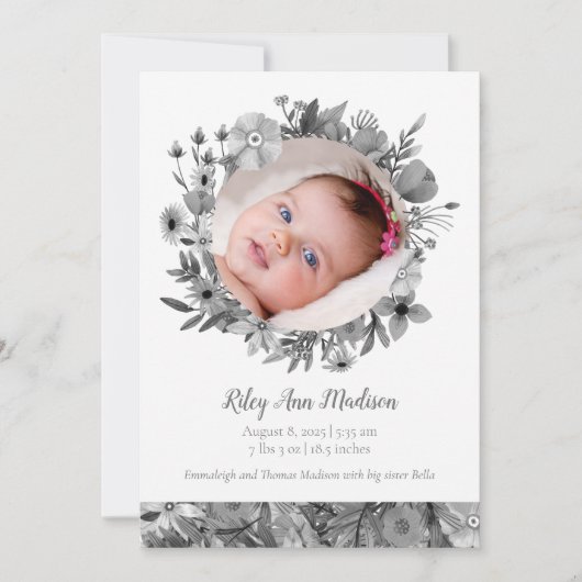 Baby Foto's Modern Gray Floral Aankondiging (Voorkant)