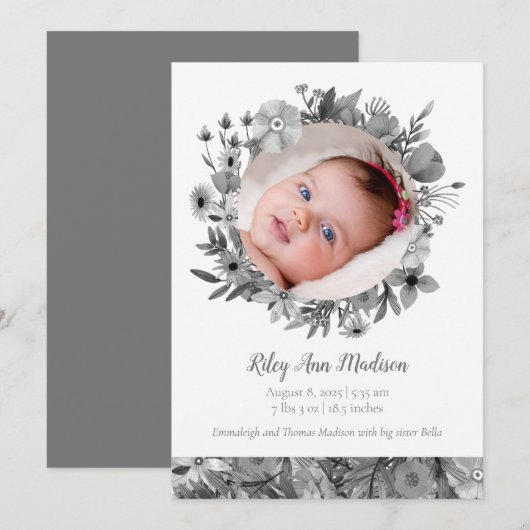 Baby Foto's Modern Gray Floral Aankondiging (Voorkant / Achterkant)