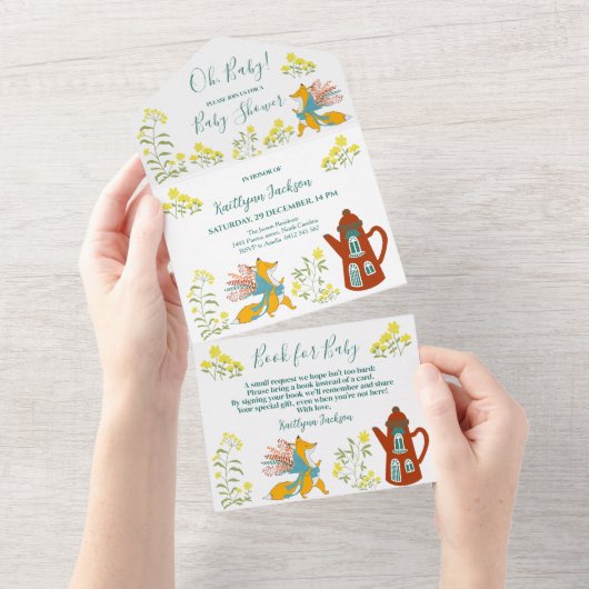 Baby Fox en bloemen Baby shower All In One Uitnodiging (Afscheurbaar)