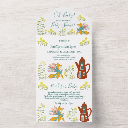 Baby Fox en bloemen Baby shower All In One Uitnodiging (Binnen)