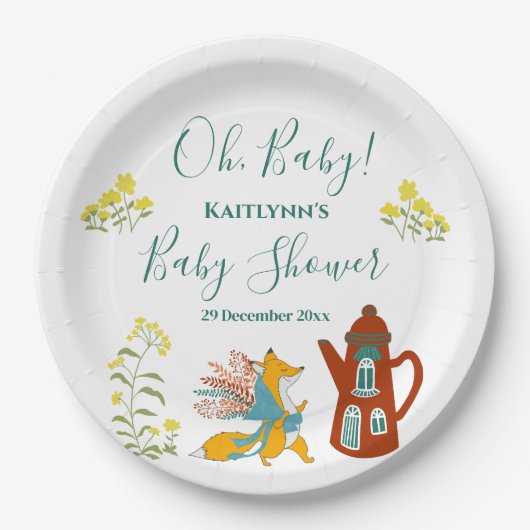 Baby Fox en bloemen Baby shower Decor Papieren Bordje (Voorkant)