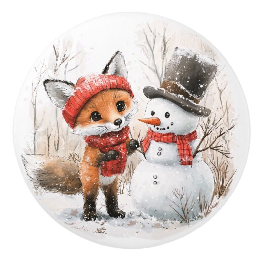 Baby Fox en Snowman Keramische Knop (Voorkant)