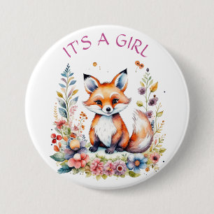 Baby Fox in Bloemen   Baby shower Het is een meisj Ronde Button 7,6 Cm