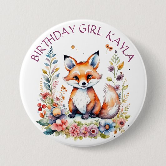 Baby Fox in Bloemen Verjaardag gIRL Gepersonalisee Ronde Button 7,6 Cm (Voorkant)