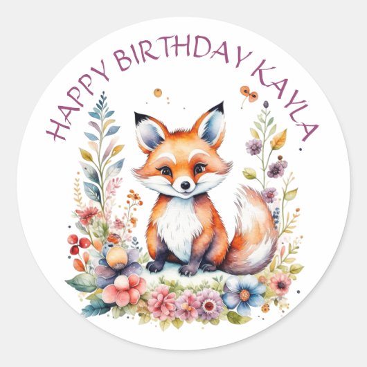 Baby Fox in Flowers Happy Birthday gepersonaliseer Ronde Sticker (Voorkant)