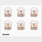 Baby Fox in Flowers Happy Birthday gepersonaliseer Ronde Sticker (Vel)