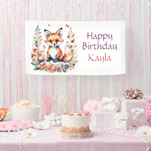 Baby Fox in Flowers Happy Birthday Party Spandoek (Feest)