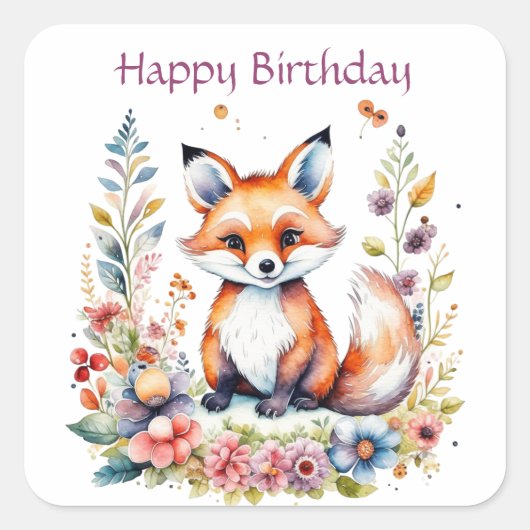 Baby Fox in Flowers Happy Birthday Vierkante Sticker (Voorkant)