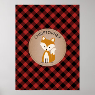 Baby Fox Plaid Personalized Nursery Artwork Poster