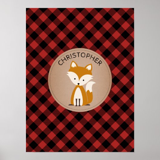 Baby Fox Plaid Personalized Nursery Artwork Poster (Voorkant)