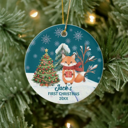 Baby Fox Snow Trees First Christmas Keramisch Ornament (Boom)