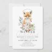 Baby Fox Winter Onederland Meisje 1e Verjaardag Kaart (Voorkant)