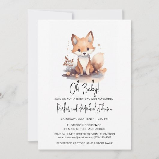 Baby Fox Woodland Animal Baby shower Kaart (Voorkant)